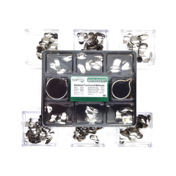 Матриці контурні секційні металеві, набір 6 видів + фіксуючі кільця, 50 мкм, 100 шт Vortex